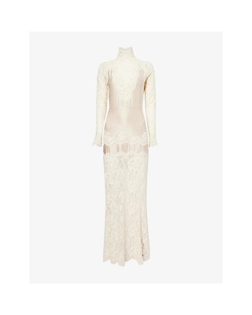 Rabanne Natural High-Neck Long-Sleeves Lace Maxi Dress