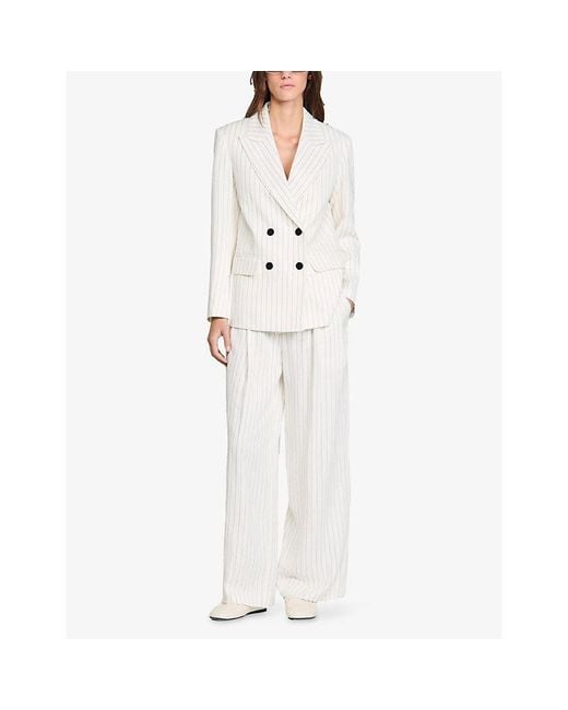Sandro White Striped Double-Breasted Linen Blazer