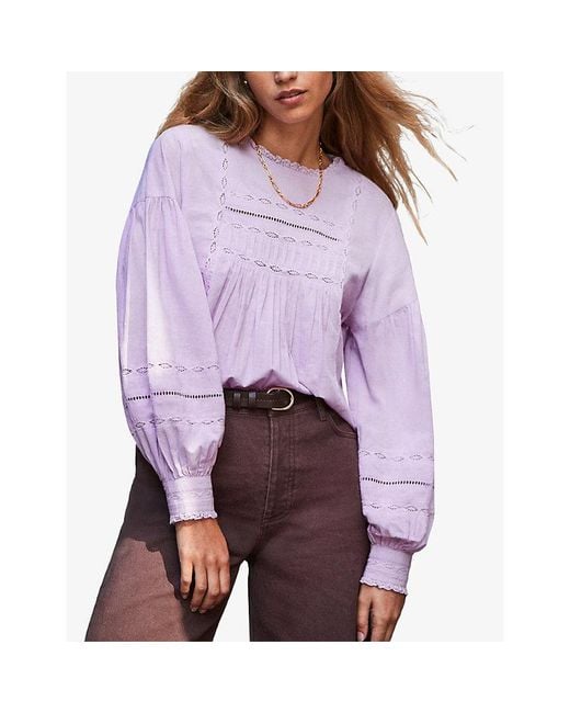 Ro&zo Purple Lace-Insert Long-Sleeve Cotton Blouse