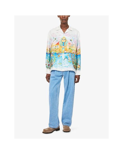 Casablanca Blue Egypt Long-Sleeve Printed Silk Shirt for men