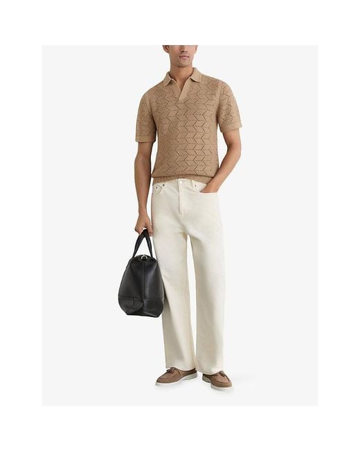 Reiss Natural Belford Open-Collar Stitch-Detail Knitted Polo for men