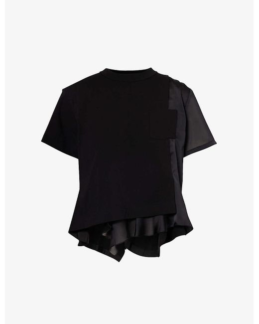 Sacai Black Draped-panel Round-neck Cotton-jersey T-shirt X