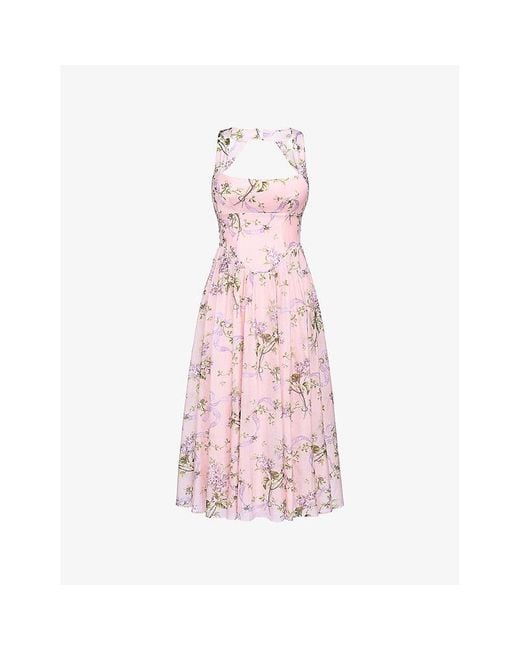 House Of Cb Pink Minerva Floral-Print Chiffon Midi Sundress