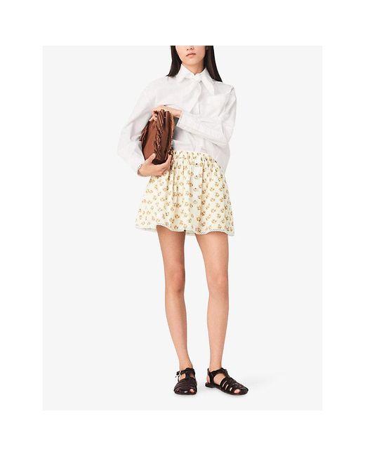 Maje White Floral-Print Button-Front Lyocell-Blend Mini Skirt