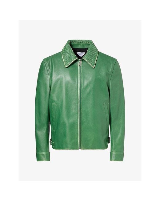 Bottega Veneta Green Intrecciato-Weave Leather Jacket for men