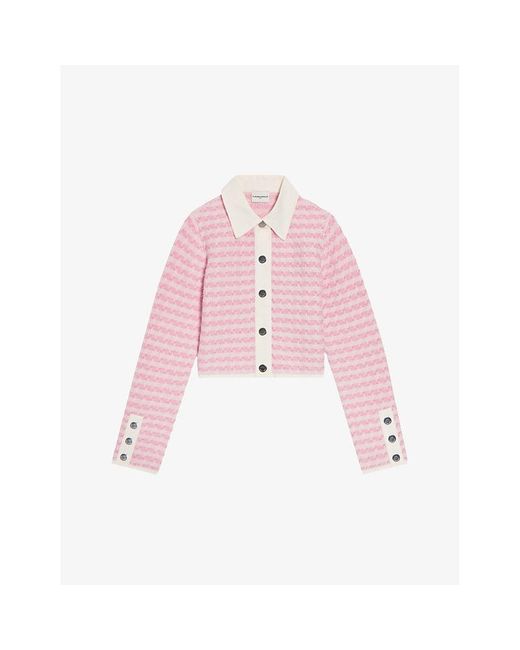 Claudie Pierlot Pink Zig-zag-weave Contrast-trim Stretch-knit Cardigan