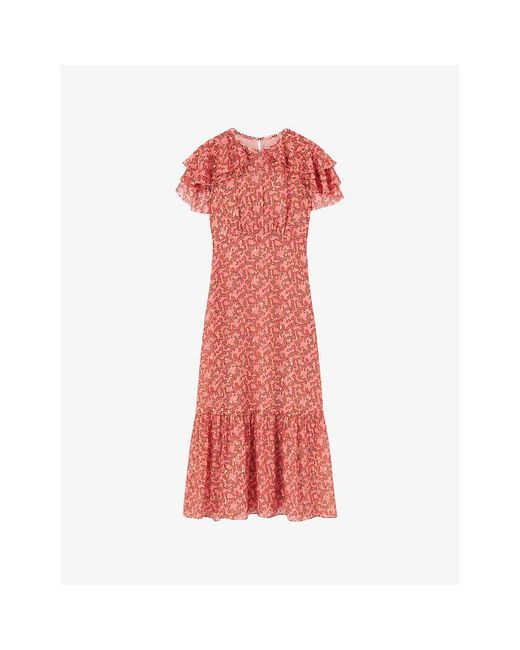 L.K.Bennett Red Billie Blossom-Print Ruffle-Trim Silk-Blend Midi Dress