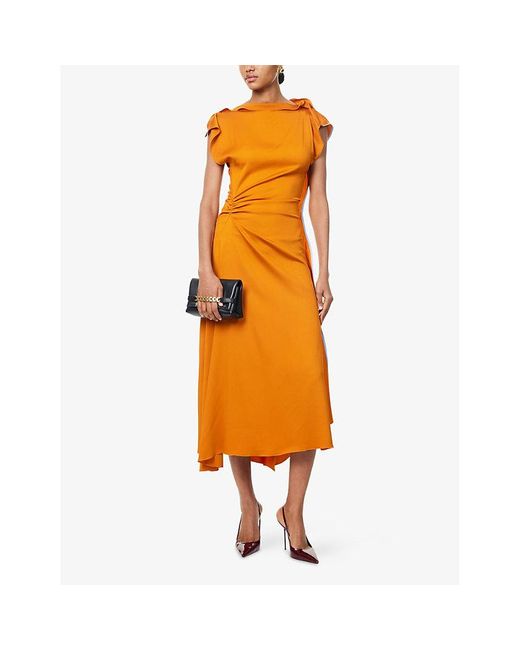 Victoria Beckham Orange Draped Asymmetric Stretch-Woven Midi Dress