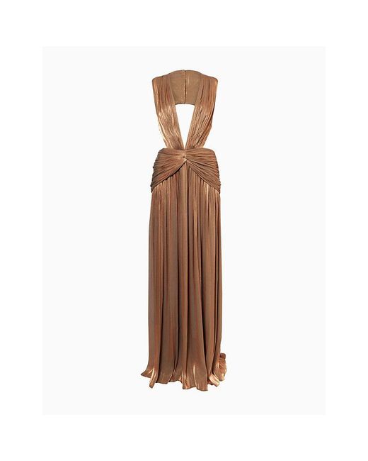 Costarellos Brown Silla Plunge-Neckline Woven Gown