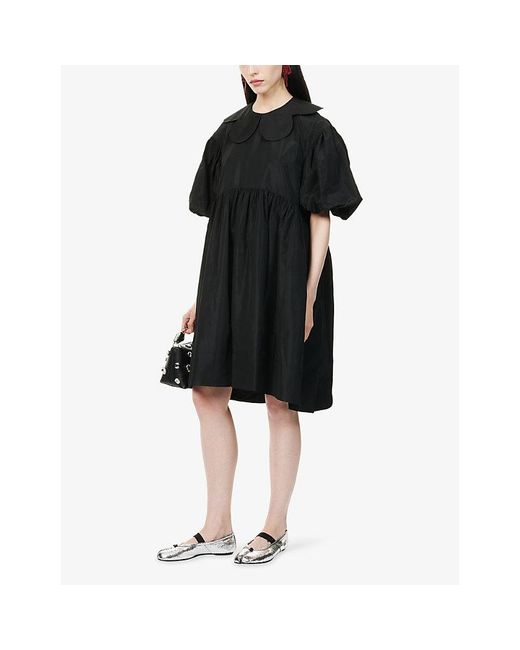 Simone Rocha Black Collared Puff-Sleeve Satin Midi Dress