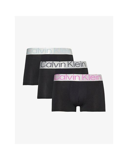 Calvin Klein Black Logo-waistband Low-rise Pack Of Three Stretch-recycled Polyester Trunk for men
