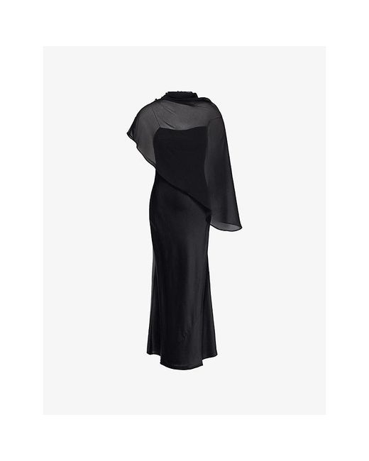 Reformation Black Lilibeth Sheer-Cape Silk Midi Dress