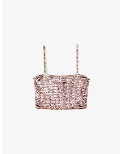 Sandro Pink Bead-embellished Woven Crop Top