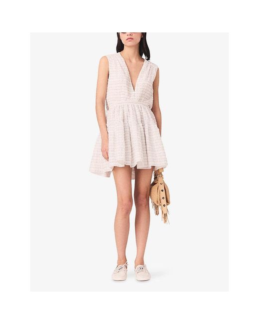 Maje White V-Neck Flared Woven Mini Dress