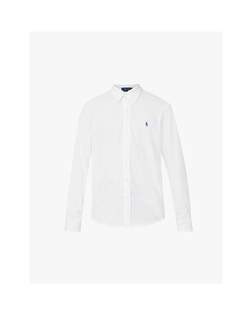 Polo Ralph Lauren White Long-Sleeved Logo-Embroidered Slim-Fit Cotton Shirt for men