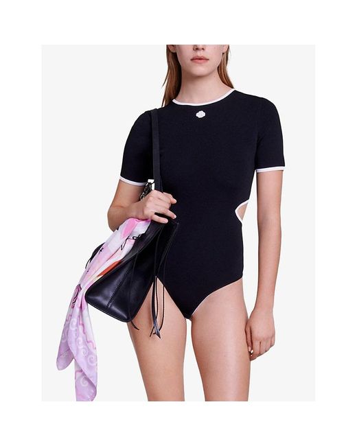Maje Black Logo-embroidered Cut-out Stretch-woven Bodysuit