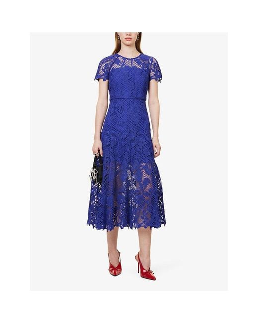 Self-Portrait Blue Floral-embroidered Lace Woven Midi Dress