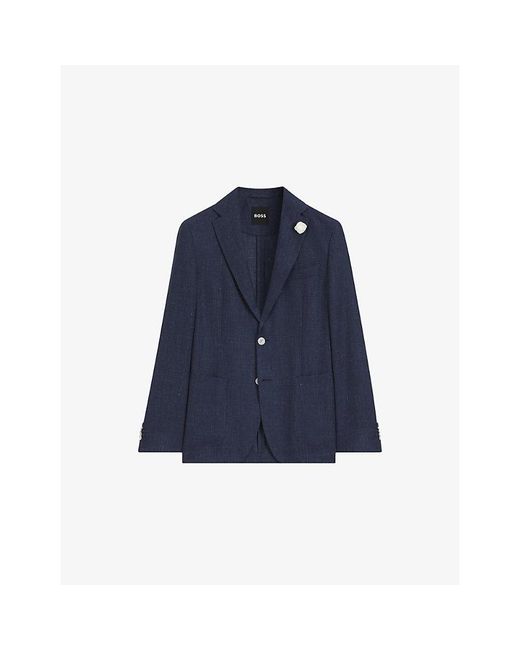 Boss Blue Slim-Fit Micro-Pattern Linen-Blend Blazer for men