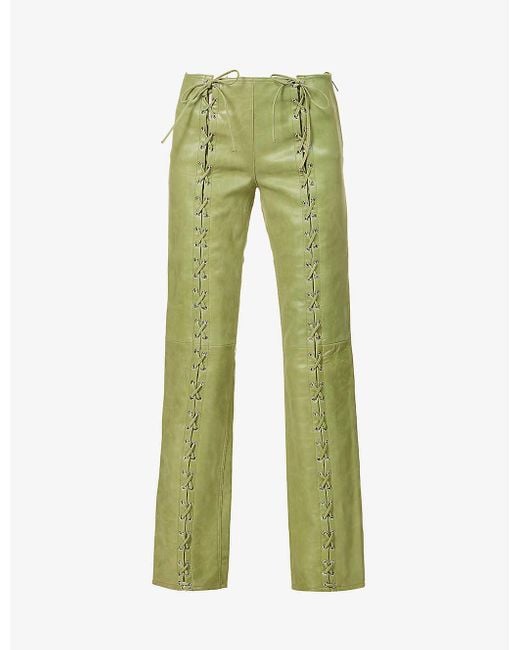 Saks Potts Womens Lime Green Christina Lace-up Straight Low-rise Leather Trousers 2