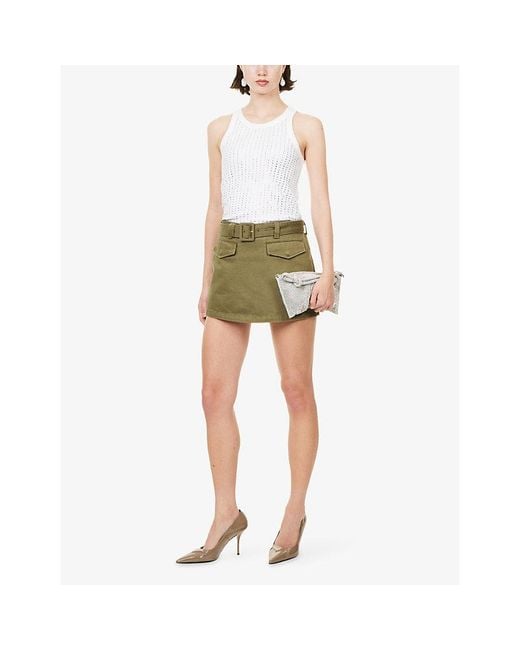 Self-Portrait Green Belted Flap-Pocket Denim Skort