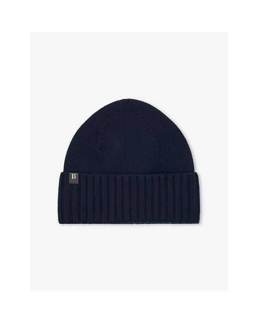 Boggi Blue Logo-Patch Wool-Blend Beanie Hat for men