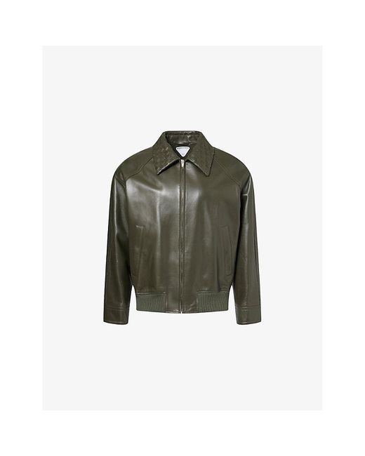 Bottega Veneta Green Intrecciato-Collar Leather Blouson Jacket for men