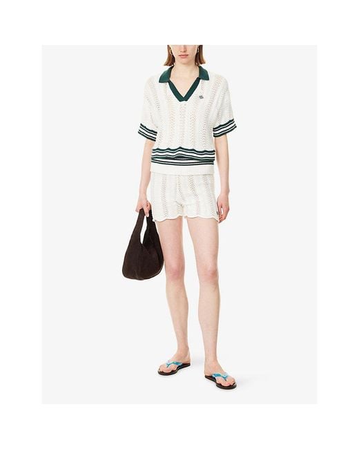 The Couture Club Blue Open-Collar Crotchet Cotton Crop Shirt