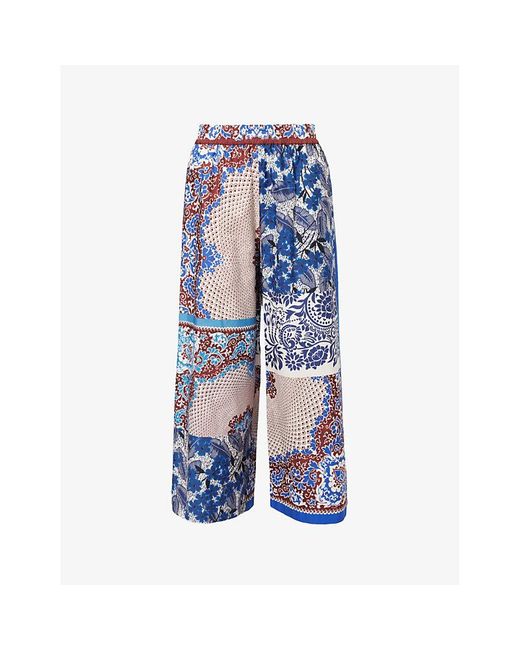 Weekend by Maxmara Blue West Long Graphic-print Mid-rise Wide-leg Cotton Trousers