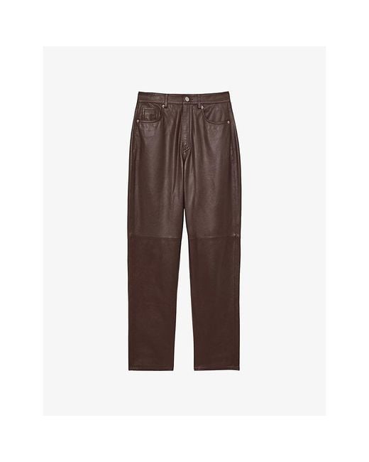 Reiss Brown Verona Slim-Leg High-Rise Leather Trousers
