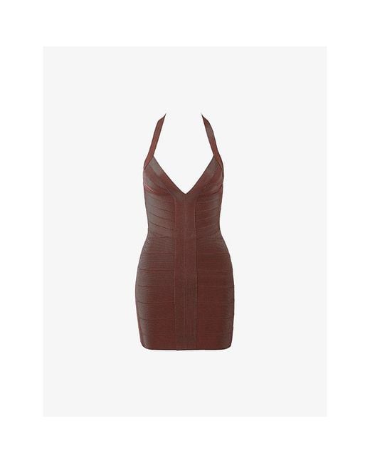 House Of Cb Brown The Contour Halter-Neck Stretch-Woven Mini Dress