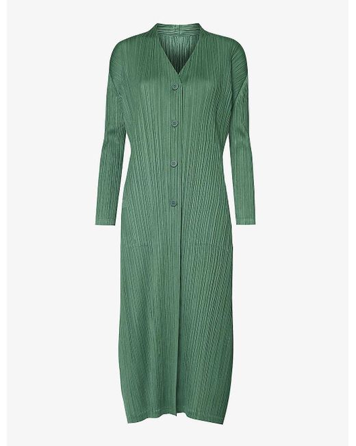 Pleats Please Issey Miyake Green December Pleated Slim-fit Knitted Coat