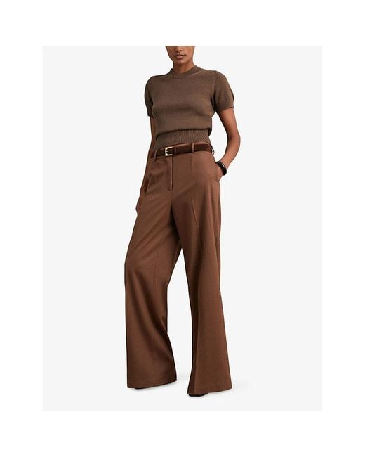 Reiss Brown Anita Short-Sleeve Cotton And Wool-Blend Top