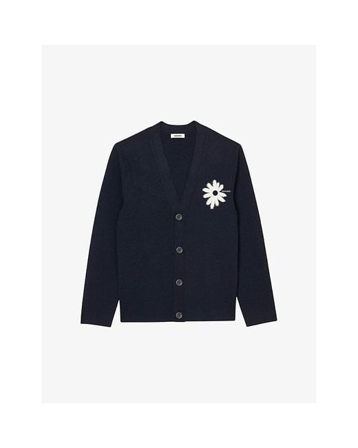 Sandro Blue Flower-embroidered Long-sleeve Stretch-knit Cardigan for men