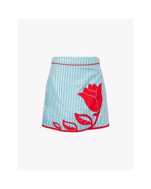 Farm Rio Blue Sky Stripes Leaf-Embroidered Linen Mini Skirt