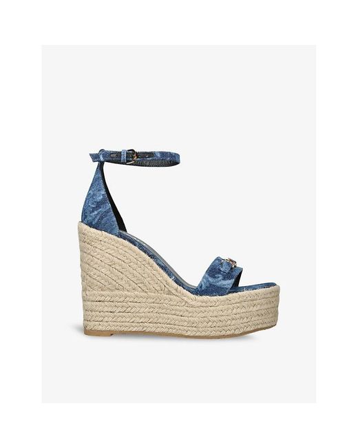 Versace Blue Baroque Graphic-pattern Woven Wedge Espadrilles