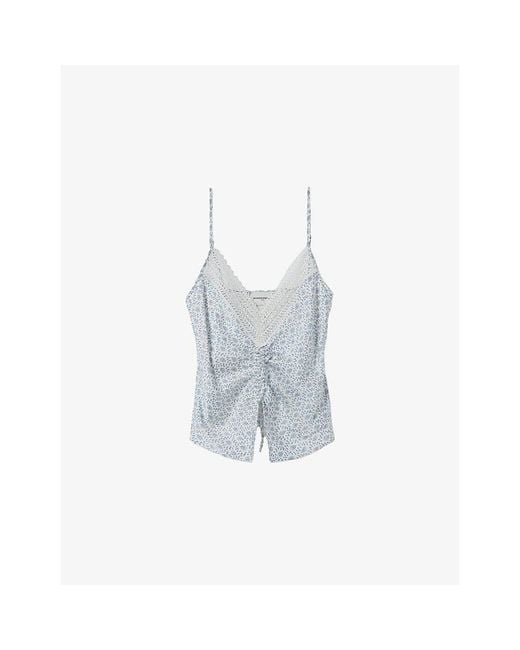 Claudie Pierlot Blue Floral-Print V-Neck Satin Top