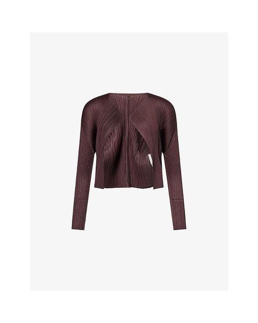 Pleats Please Issey Miyake Purple Long-Sleeve Open-Front Knitted Cardigan