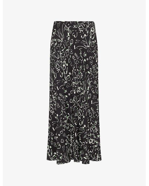 Whistles Black Scribble Bouquet Floral-print Fluted Woven Midi Skirt