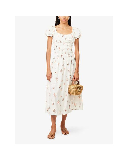 Reformation White Riva Shirred-Waist Cotton-Blend Midi Dress