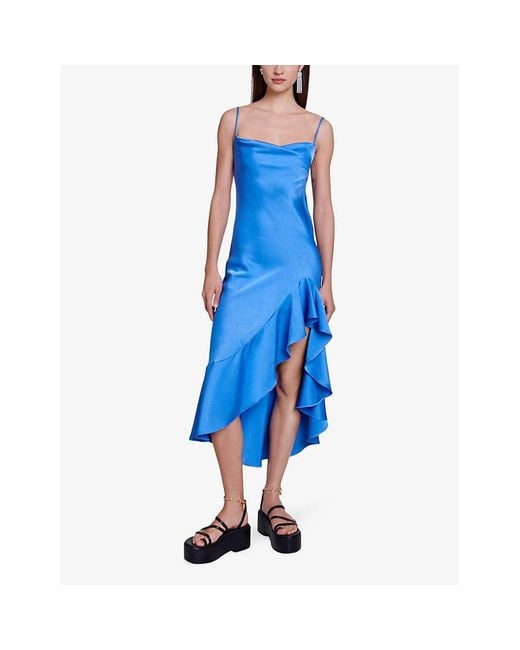Maje Blue Ruffle-trim Asymmetric-hem Satin Midi Dress