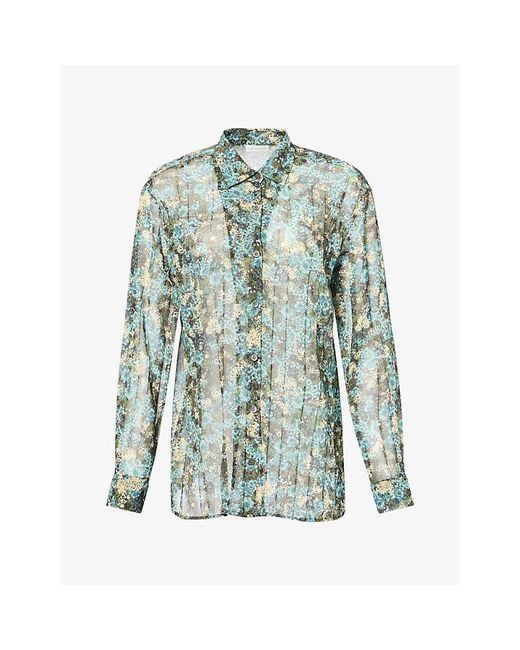 Dries Van Noten Green Floral-Print Pleated Woven Shirt