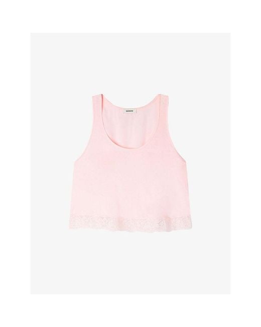 Sandro Pink Scoop-Neck Lace-Hem Satin Top