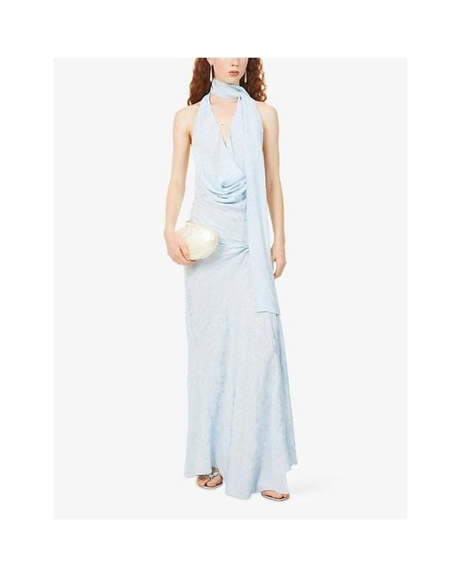 Anna October Blue Kelly Draped Satin Maxi Dress
