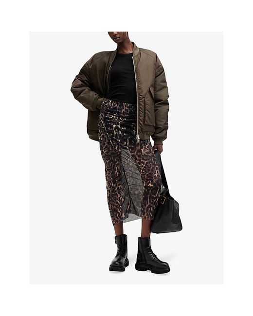 AllSaints Black Nora Leopard-Print Mesh Midi Skirt