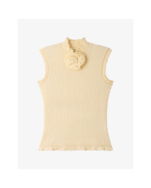 Sandro Natural Flower-Detail Smocked Stretch-Woven Top