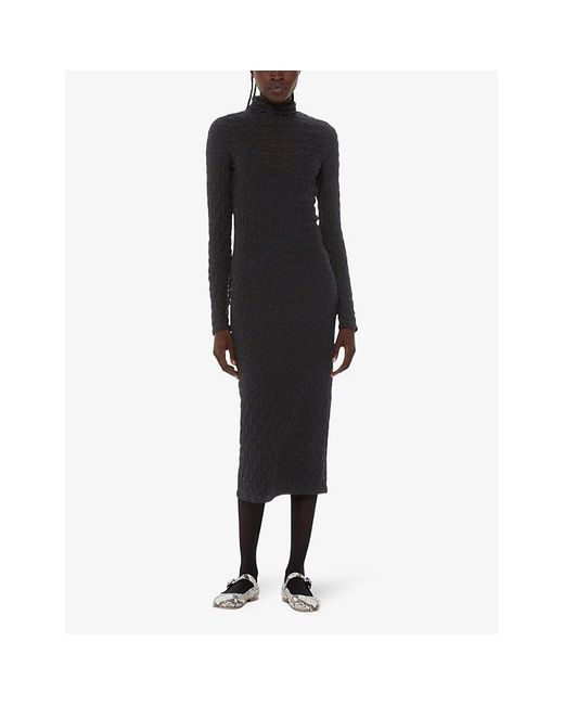 Whistles Black High-neck Long-sleeve Textured Knit Midi Dress