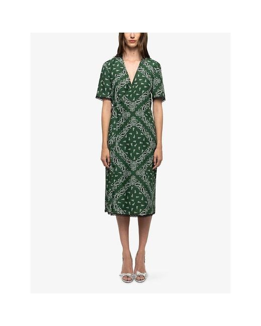 Zadig & Voltaire Green Reforme Bandana-Print Silk Wrap Midi Dress
