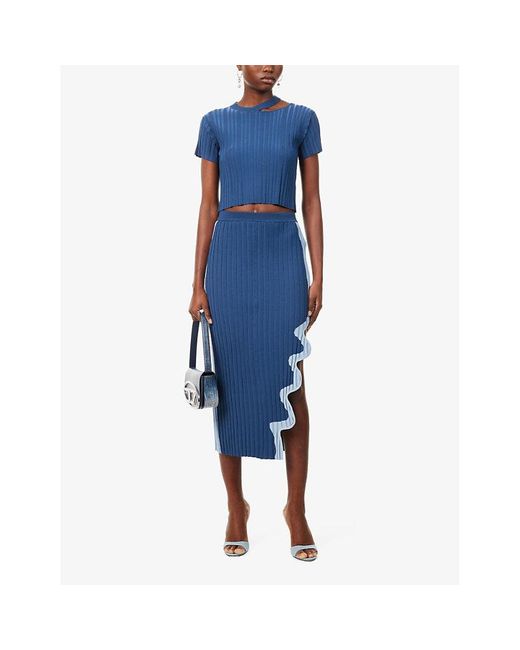Ph5 Blue Asymmetric-hem Recycled Viscose-blend Midi Skirt