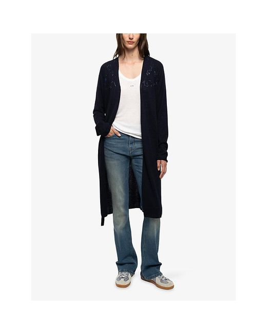 Zadig & Voltaire Blue Daffyz Rhinestone-Embellished Long Cashmere Cardigan