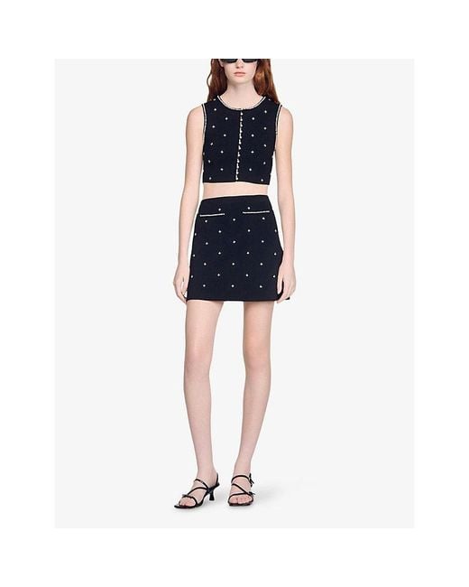 Sandro Black Rhinestone-Embellished Knitted Mini Skirt